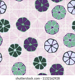 Seamless editable pattern. Elements similar to the cut of citrus. Multicolored texture.
Against the background of a texture of fibrous rhombuses.