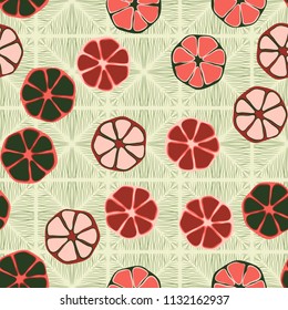 Seamless editable pattern. Elements similar to the cut of citrus. Multicolored texture.
Against the background of a texture of fibrous rhombuses.