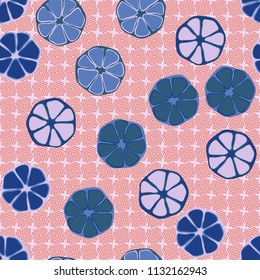 Seamless editable pattern. Elements similar to the cut of citrus. Multicolored texture.
Against the background of rows of inclined four-sided figures.