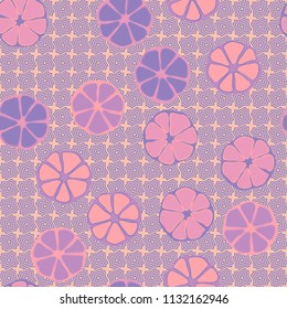 Seamless editable pattern. Elements similar to the cut of citrus. Multicolored texture.
Against the background of rows of inclined four-sided figures.