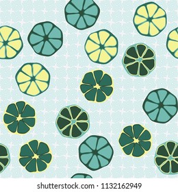 Seamless editable pattern. Elements similar to the cut of citrus. Multicolored texture.
Against the background of rows of inclined four-sided figures.