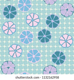 Seamless editable pattern. Elements similar to the cut of citrus. Multicolored texture.
Against the background of rows of inclined four-sided figures.
