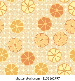 Seamless editable pattern. Elements similar to the cut of citrus. Multicolored texture.
Against the background of rows of inclined four-sided figures.