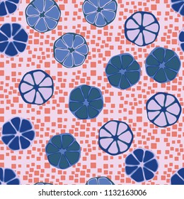 Seamless editable pattern. Elements similar to the cut of citrus. Multicolored texture.
Against the background of chaos from the rounded squares.