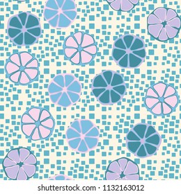 Seamless editable pattern. Elements similar to the cut of citrus. Multicolored texture.
Against the background of chaos from the rounded squares.