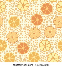 Seamless editable pattern. Elements similar to the cut of citrus. Multicolored texture.
Against the background of chaos from the rounded squares.