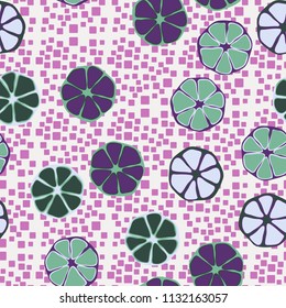 Seamless editable pattern. Elements similar to the cut of citrus. Multicolored texture.
Against the background of chaos from the rounded squares.