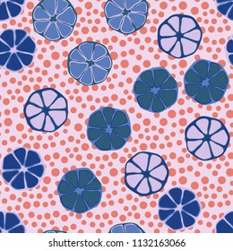 Seamless editable pattern. Elements similar to the cut of citrus. Multicolored texture.
Against a background of placers of round spots.