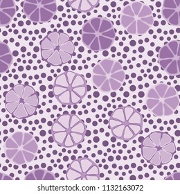 Seamless editable pattern. Elements similar to the cut of citrus. Multicolored texture.
Against a background of placers of round spots.