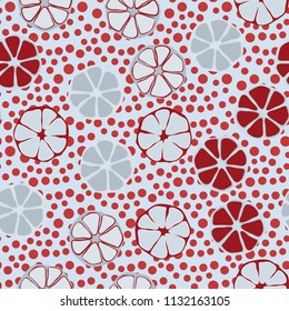 Seamless editable pattern. Elements similar to the cut of citrus. Multicolored texture.
Against a background of placers of round spots.
