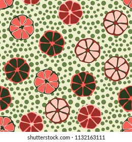 Seamless editable pattern. Elements similar to the cut of citrus. Multicolored texture.
Against a background of placers of round spots.