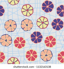 Seamless editable pattern. Elements similar to the cut of citrus. Multicolored texture.
Against the background of a grid of divided squares.