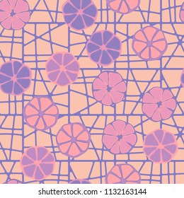 Seamless editable pattern. Elements similar to the cut of citrus. Multicolored texture.
Against the background of a grid of divided squares.