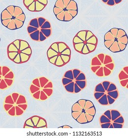 Seamless editable pattern. Elements similar to the cut of citrus. Multicolored texture.
Against the backdrop of a texture of squares drawn from curved lines.