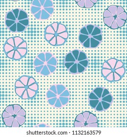 Seamless editable pattern. Elements similar to the cut of citrus. Multicolored texture.
Against the backdrop of a texture composed of rows of circles of variable magnitude.