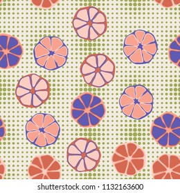 Seamless editable pattern. Elements similar to the cut of citrus. Multicolored texture.
Against the backdrop of a texture composed of rows of circles of variable magnitude.