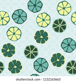Seamless editable pattern. Elements similar to the cut of citrus. Against the backdrop of the texture composed of faceted quadrilateral elements.