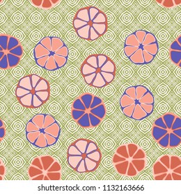 Seamless editable pattern. Elements similar to the cut of citrus. Against the backdrop of the texture composed of faceted quadrilateral elements.