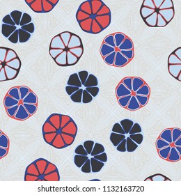 Seamless editable pattern. Elements similar to the cut of citrus. Multicolored texture.
Against a background texture similar to parquet.