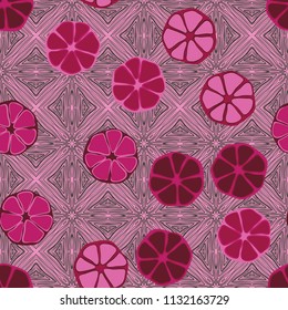 Seamless editable pattern. Elements similar to the cut of citrus. Multicolored texture.
Against a background texture similar to parquet.