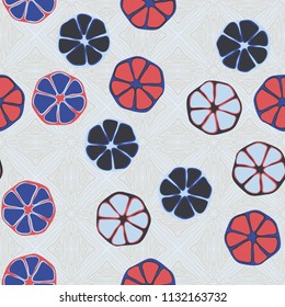 Seamless editable pattern. Elements similar to the cut of citrus. Multicolored texture.
Against a background texture similar to parquet.