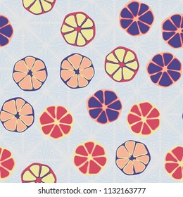 Seamless editable pattern. Elements similar to the cut of citrus. Multicolored texture.
Against the backdrop of a texture of squares drawn from curved lines.