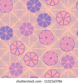 Seamless editable pattern. Elements similar to the cut of citrus. Multicolored texture.
Against the backdrop of a texture of squares drawn from curved lines.