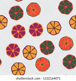 Seamless editable pattern. Elements similar to the cut of citrus. Multicolored texture.
Against the backdrop of a texture of squares drawn from curved lines.