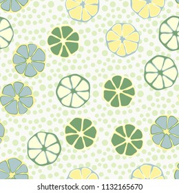 Seamless editable pattern. Elements similar to the cut of citrus. Multicolored texture.
Against a background of placers of round spots