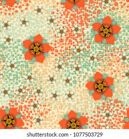 Seamless editable pattern. Flowers on a background of camouflage texture. Fashionable coloring.