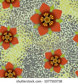 Seamless editable pattern. Flowers on a background of camouflage texture. Fashionable coloring.