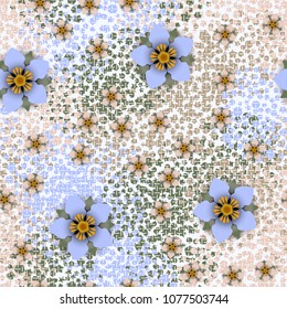Seamless editable pattern. Flowers on a background of camouflage texture. Fashionable coloring.