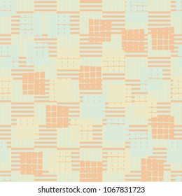 Seamless editable pattern. Groups of coarse quadrangles are located chaotically against the background of chess cells.