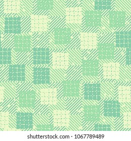 Seamless editable pattern. On a chessboard background, groups of rounded squares are carelessly scattered. Fashionable texture.