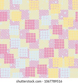 Seamless editable pattern. On a chessboard background, groups of rounded squares are carelessly scattered. Fashionable texture.