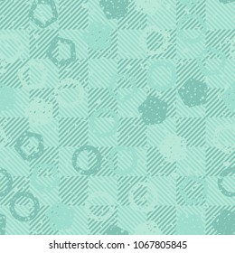 Seamless editable pattern. Pentagrams and circles on the background of chess cells. Scratches and defects.