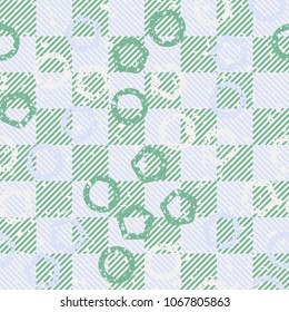 Seamless editable pattern. Pentagrams and circles on the background of chess cells. Scratches and defects.