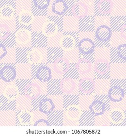 Seamless editable pattern. Pentagrams and circles on the background of chess cells. Scratches and defects.