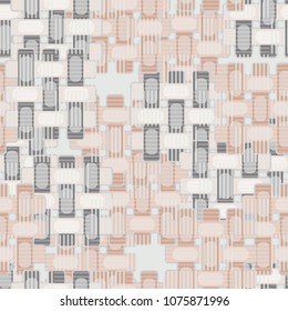 Seamless editable pattern. Simple wicker elements of different colors are located chaotically, on top of them a grid of chess regularity made of strips.