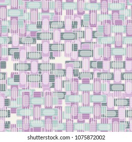 Seamless editable pattern. Simple wicker elements of different colors are located chaotically, on top of them a grid of chess regularity made of strips.