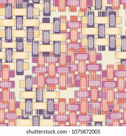 Seamless editable pattern. Simple wicker elements of different colors are located chaotically, on top of them a grid of chess regularity made of strips.