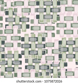 Seamless editable pattern. Simple wicker elements of different colors are located chaotically, on top of them a grid of chess regularity made of strips.