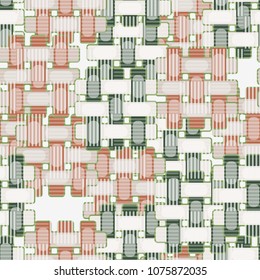 Seamless editable pattern. Simple wicker elements of different colors are located chaotically, on top of them a grid of chess regularity made of strips.