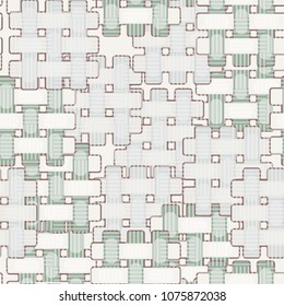 Seamless editable pattern. Simple wicker elements of different colors are located chaotically, on top of them a grid of chess regularity made of strips.