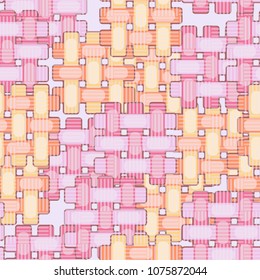 Seamless editable pattern. Simple wicker elements of different colors are located chaotically, on top of them a grid of chess regularity made of strips.