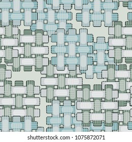 Seamless editable pattern. Simple wicker elements of different colors are located chaotically, on top of them a grid of chess regularity made of strips.