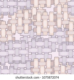 Seamless editable pattern. Simple wicker elements of different colors are located chaotically, on top of them a grid of chess regularity made of strips.
