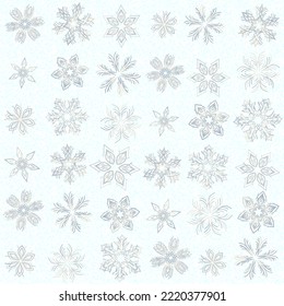 Seamless editable pattern. Snowflakes against the background of pale small squares.