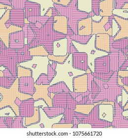 Seamless editable pattern. Squares broken by stars into multi-colored pieces and covered with a chess network. Fashionable multicolored background. Stylish camouflage.