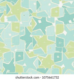 Seamless editable pattern. Squares broken by stars into multi-colored pieces and covered with a chess network. Fashionable multicolored background. Stylish camouflage.